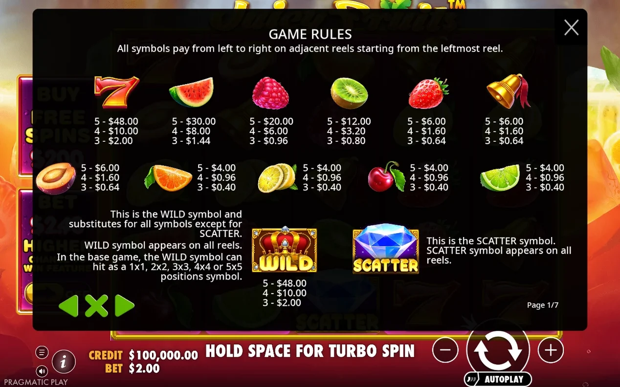 Tabella pagamenti con valori dei simboli frutta, Lucky 7, WILD a corona e SCATTER diamante, pagina 1 di 7.